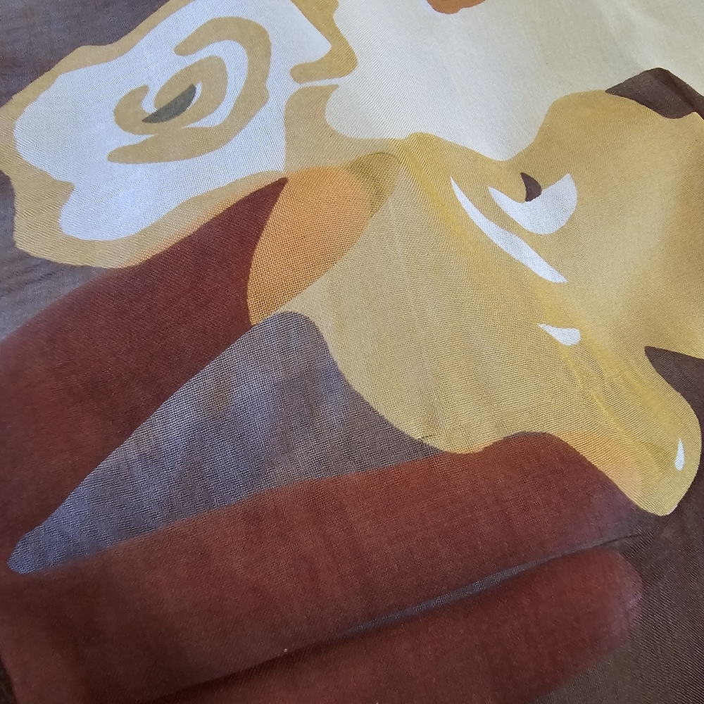 Retro sheer floral scarf in orange, brown, mustard yellow & olive green - Picture 10 of 11